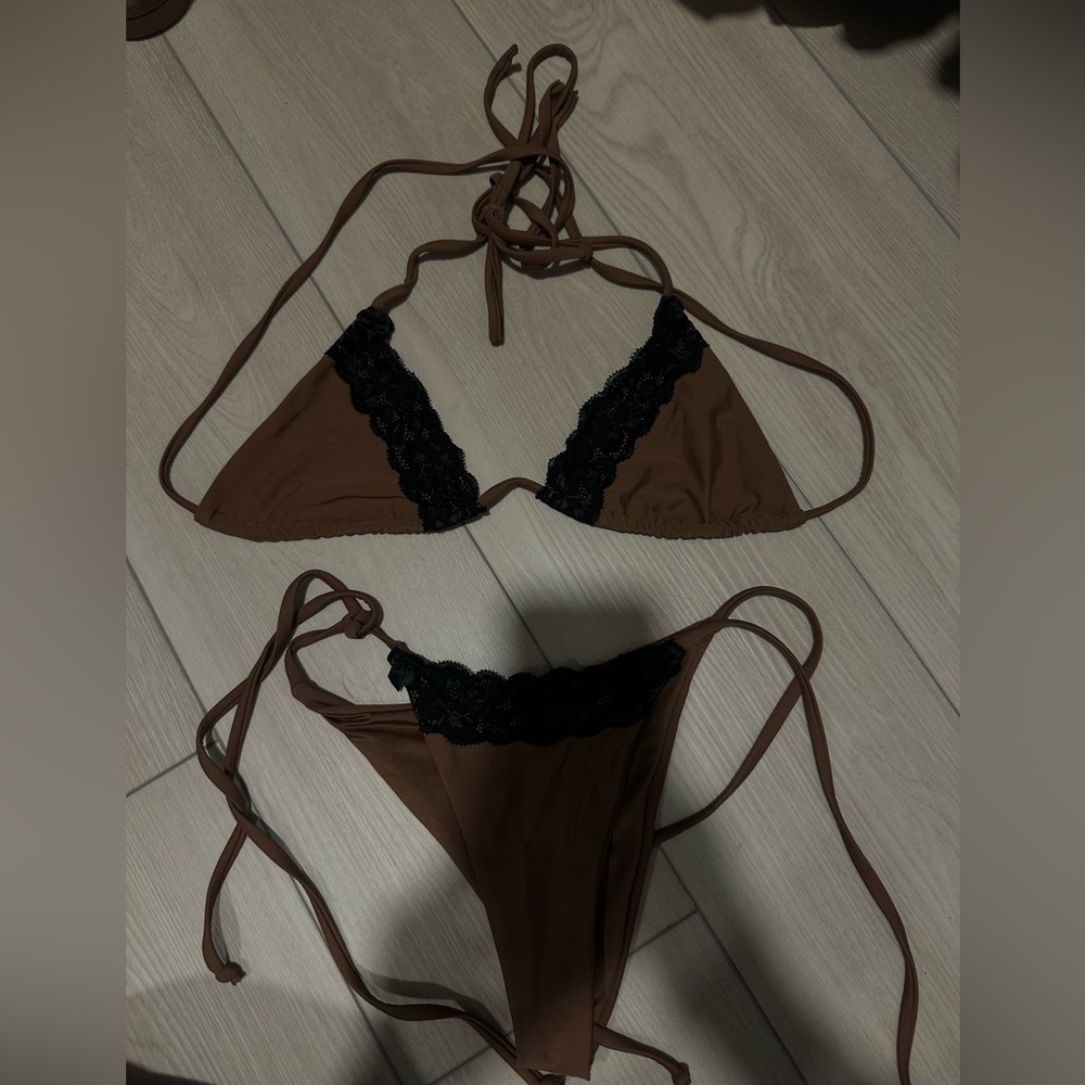 Brown and Black Lace Trim Bikini Set